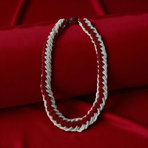 VTG Italian Red & White Glass Seed Bead Necklace – 1960s–1980s – Spiral Rope “Ca - Picture 1 of 4